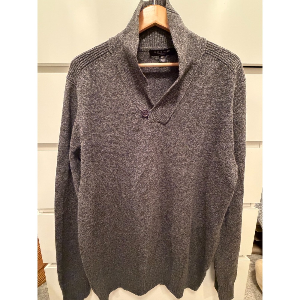 Pronto Uomo Sweater - Mens XLT -  Darker Gray - 100% Wool LS Shawl/Neck Pullover